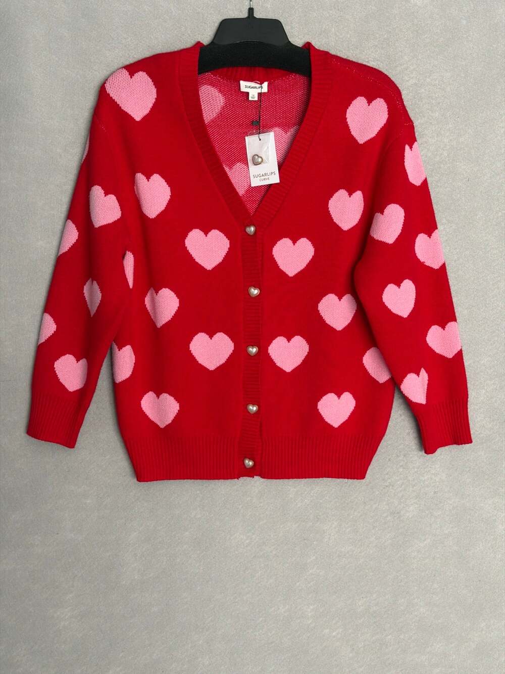 Sugarlips V-Neck Cardigan Sweater Red with Pink Heart Pattern Women's 1X NEW